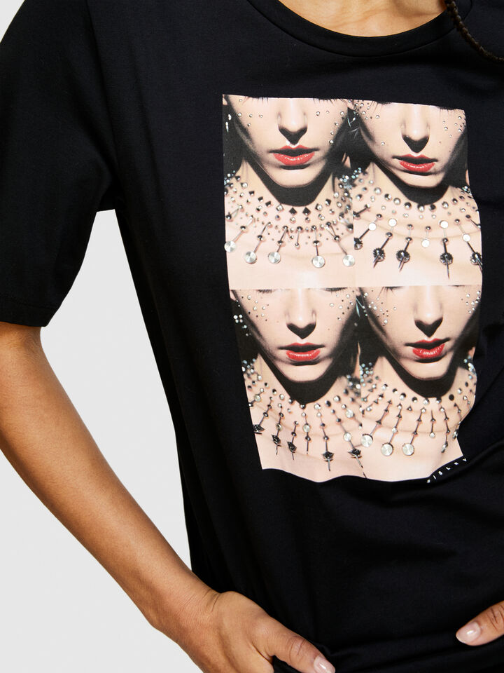 T-shirt with print and studs - women's short sleeve t-shirts - Black | Sisley image number 5